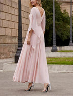Vestidos elegantes Formal Invitada de boda Elegante Vestido elegante Cuello largo hasta los tobillos Gasa Manga 3/4 con cuentas Lentejuelas Vestido de madre de la novia