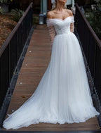 Vestidos de Novia Informales para Salón, Corte A, Hombros Descubiertos, Manga Larga, Cola Capilla, Satén, con Faja/Cinta Vestidos de Novia Informales para Salón, Corte A, Hombros Descubiertos, Manga Larga, Cola Capilla, Satén, con Faja/Cinta