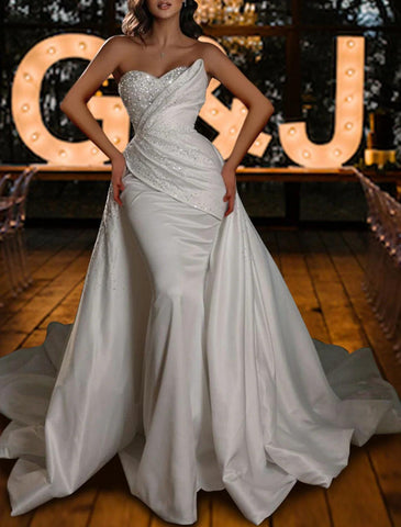 Hall Sparkle &amp; Shine Glitter &amp; Sparkle Brautkleider Meerjungfrau/Trompete Herzausschnitt Trägerlos Hofschleppe Satin Brautkleider Mit Gerafften Pailletten