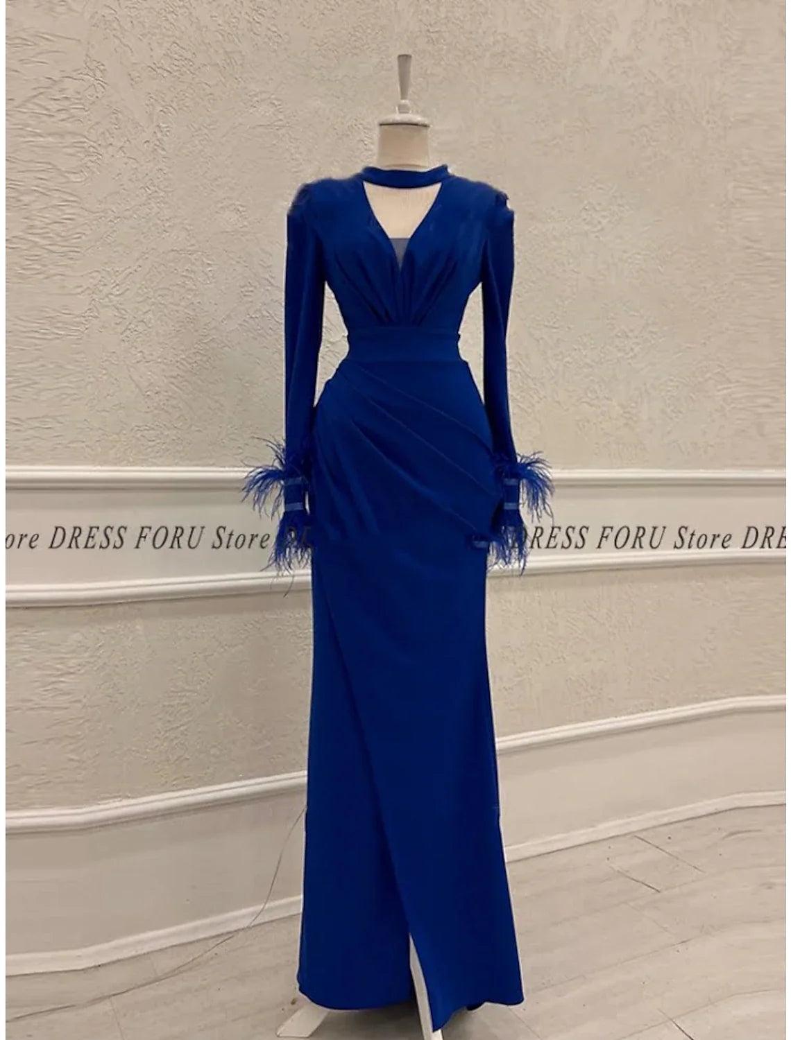 Sheath / Column Evening Gown Elegant Dress Formal Christmas Red Green Dress Ankle Length Long Sleeve V Neck Stretch Chiffon with Feather Ruched Slit