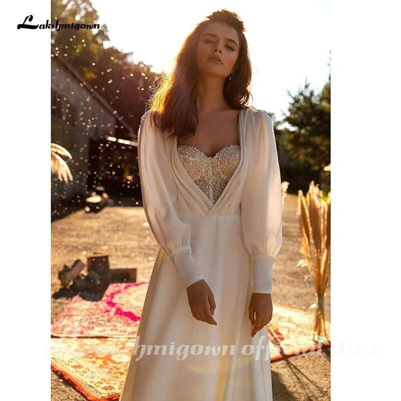 Vestidos de novia elegantes de satén con corte A y manga larga de NumberSea