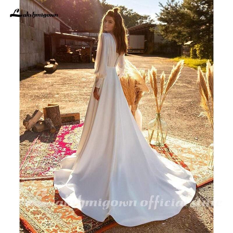 Vestidos de novia elegantes de satén con corte A y manga larga de NumberSea
