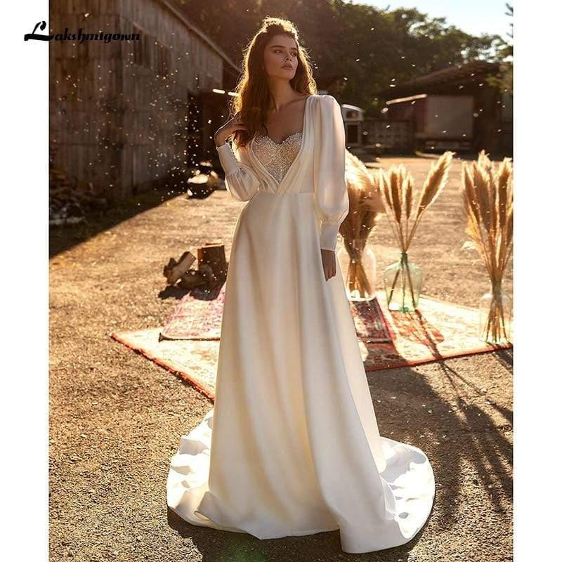 Vestidos de novia elegantes de satén con corte A y manga larga de NumberSea
