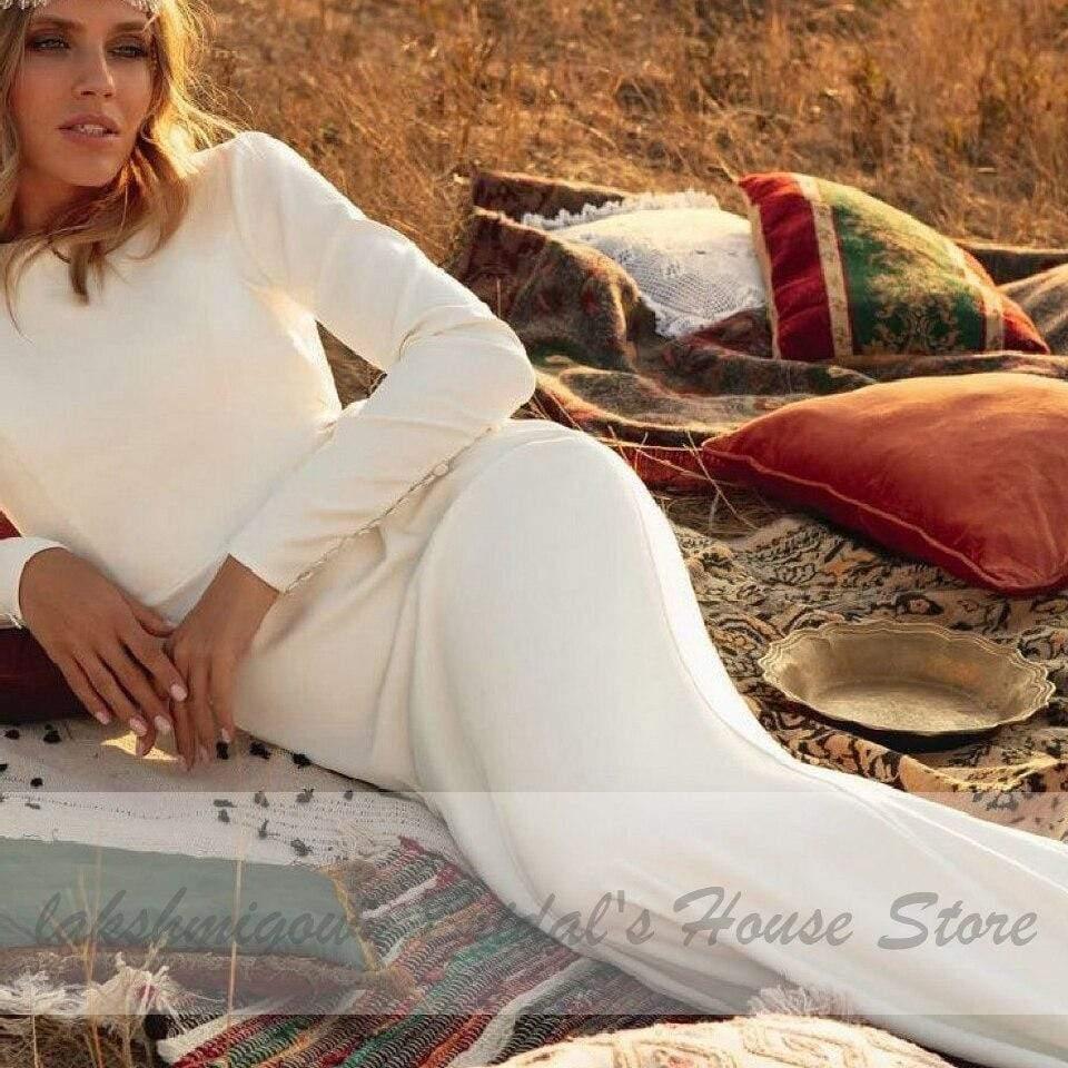 Vestido de novia de sirena de satén NumberSea, sexy, sin espalda, de manga larga