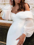 Reception Casual Wedding Dresses Mermaid / Trumpet Off Shoulder Long Sleeve Sweep / Brush Train Satin Bridal Gowns With Ruched