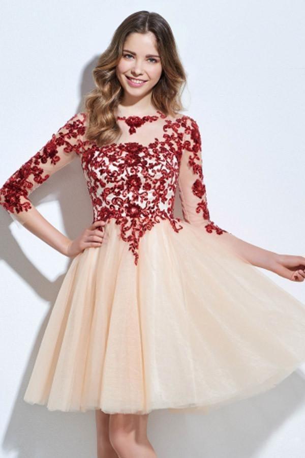 Cocktailkleid mit U-Ausschnitt, 3/4-Ärmeln, Pailletten und Applikationen, knielang, PG118