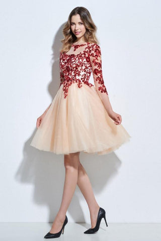 Scoop 3/4 Length Sleeves Appliques Sequins Knee-Length Cocktail Dress PG118