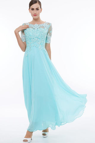 Scoop Neck Short Sleeves Beading Appliques Prom Dress Evening Dresses