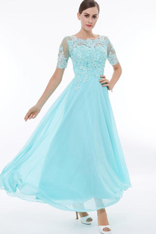 Scoop Neck Short Sleeves Beading Appliques Prom Dress Evening Dresses