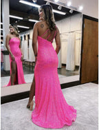 Vestidos de fiesta de sirena/trompeta con brillo y brillo, vestido formal para fiesta de bodas, cola larga/corta, sin mangas, un hombro, con lentejuelas, espalda descubierta y abertura con lentejuelas