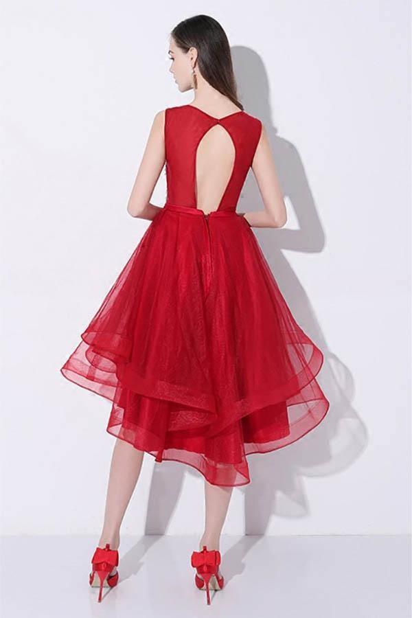 Vestido de fiesta de graduación con lentejuelas rojas, corte alto bajo y espalda abierta