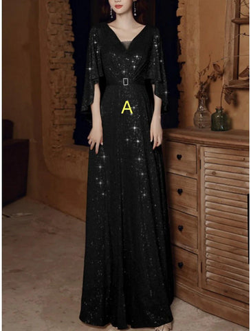 Etuikleid/Säulenkleid für die Brautmutter, elegantes Sparkle &amp; Shine Petite, V-Ausschnitt, bodenlang, Pailletten, halbe Ärmel mit Falten, Kristallbrosche