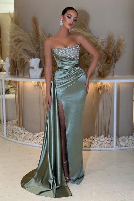 Hermosos y sexys vestidos de noche de satén con columna sin mangas y cuentas