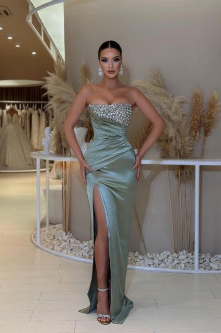 Hermosos y sexys vestidos de noche de satén con columna sin mangas y cuentas