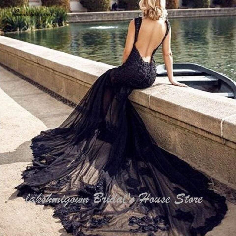 NumberSea-NumberSea Sexy Black Wedding Dress Lace Mermaid Backless
