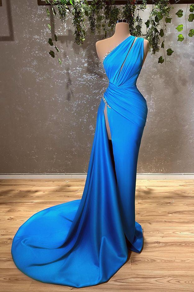 Vestido de fiesta sexy azul de sirena con un hombro al descubierto y cuentas