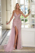 Vestido de fiesta sexy de sirena con encaje, sin mangas, escote corazón, color rosa ruborizado y abertura