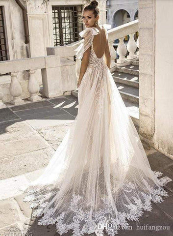 NumberSea Sexy Boho Wedding Dresses Spaghetti Straps Illusion Lace Backless