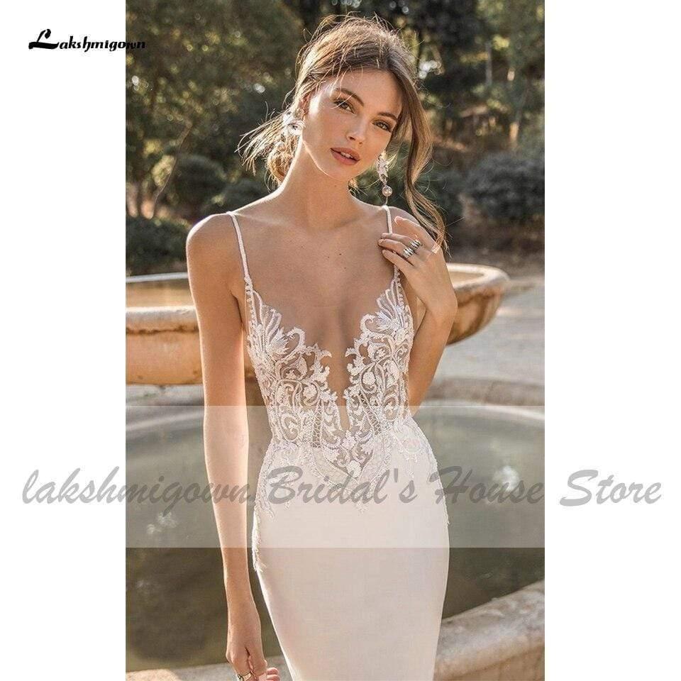 Vestidos de novia de sirena sexys NumberSea con espalda descubierta y corpiño de encaje con cuentas