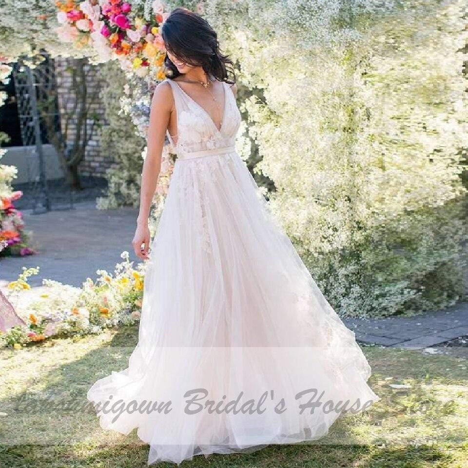 Vestido de novia sexy NumberSea con escote en V profundo y corte A