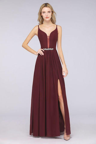 Sexy Double Deep V-Neck Ruffles Sleeveless Bridesmaid Dress Chiffon Side Split Evening Party Dress