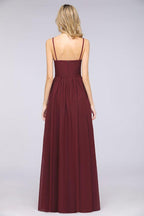 Sexy Double Deep V-Neck Ruffles Sleeveless Bridesmaid Dress Chiffon Side Split Evening Party Dress