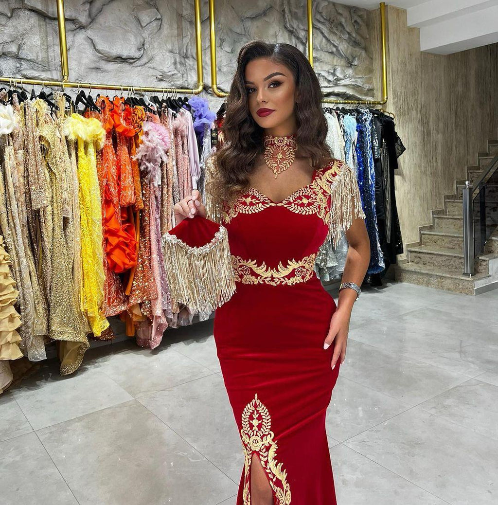 Vestido de fiesta sexy de sirena rubí sin mangas con escote corazón y abertura