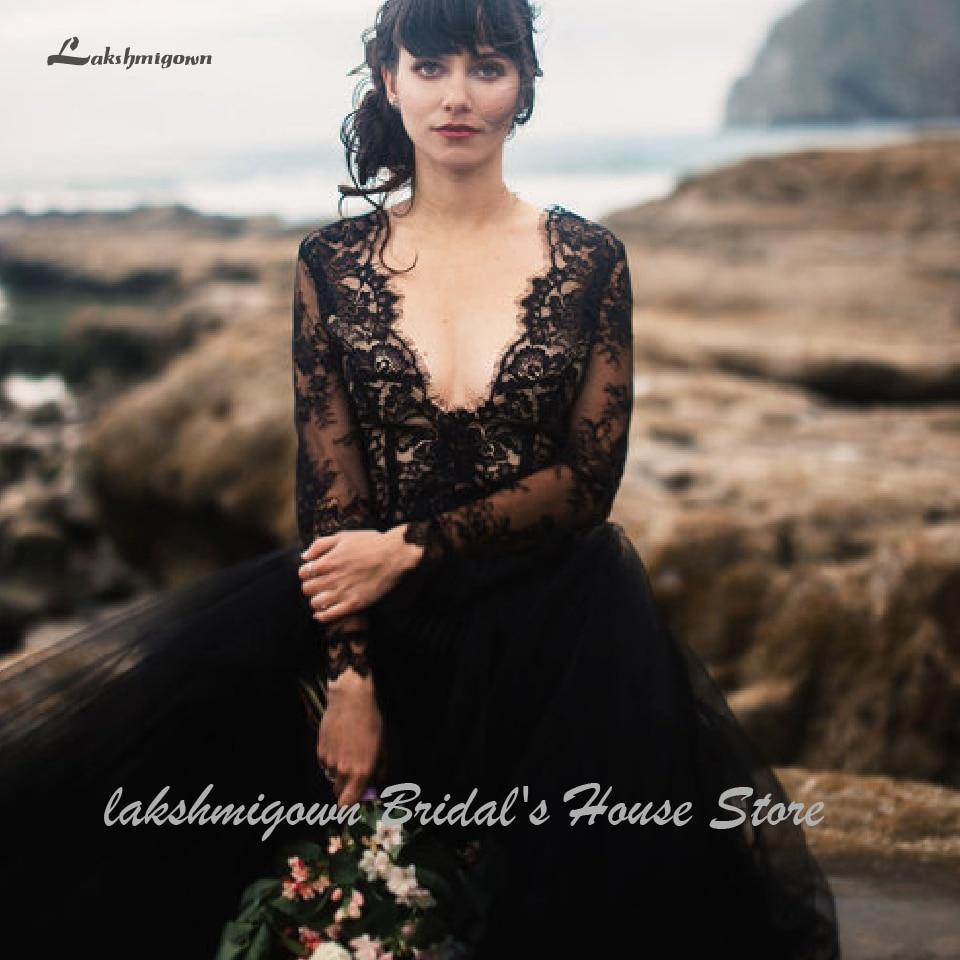 NumberSea-NumberSea Sexy Gothic Black Beach Wedding Dress Long Sleeve Black / 16W