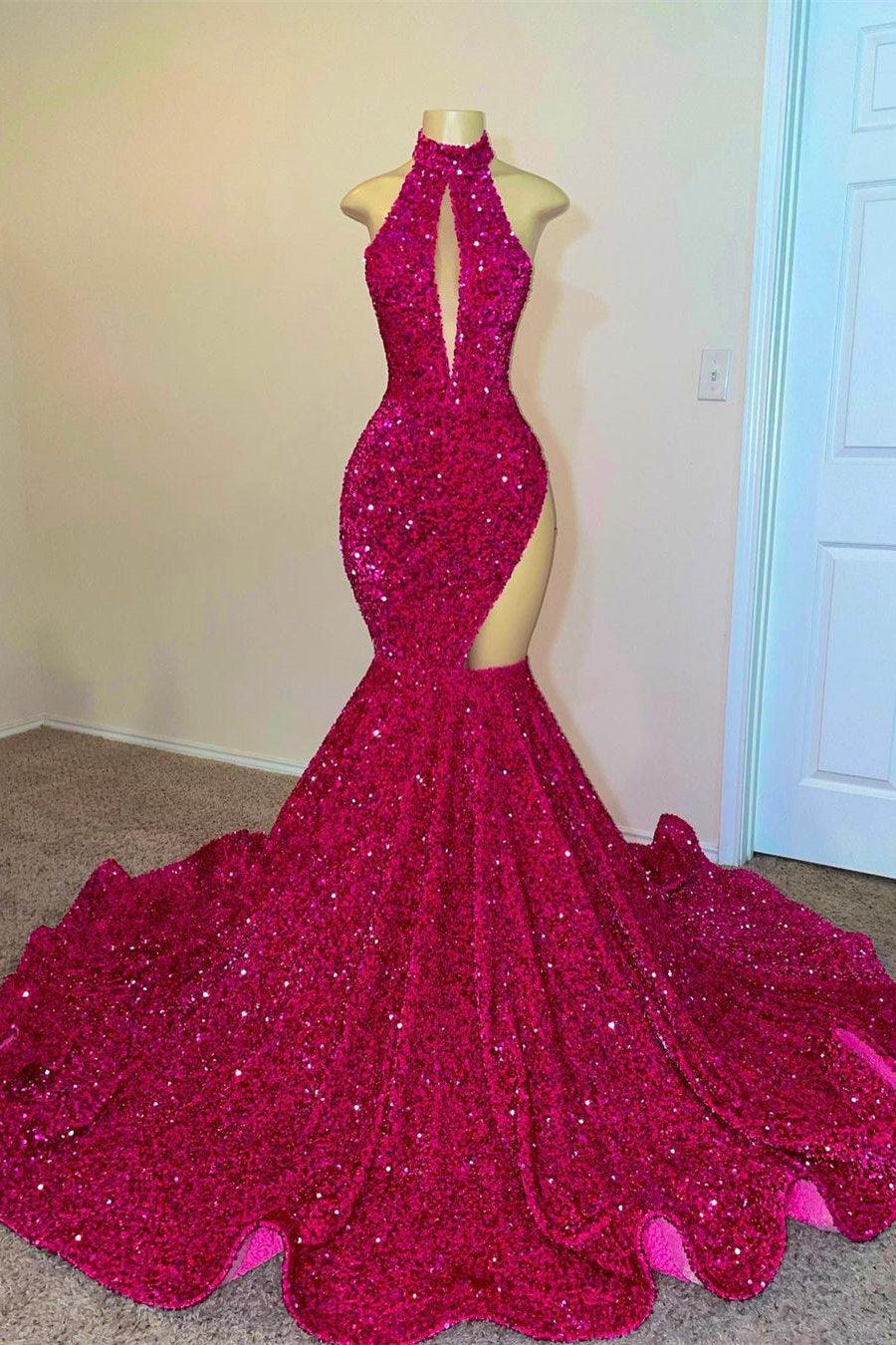 Vestido de fiesta sexy de sirena con cuello halter y lentejuelas hasta el suelo