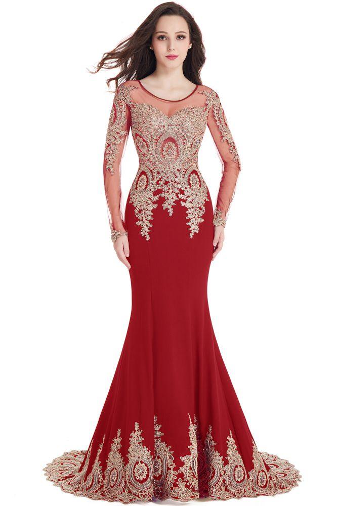 Vestidos de fiesta de sirena con mangas largas y apliques de encaje sexy
