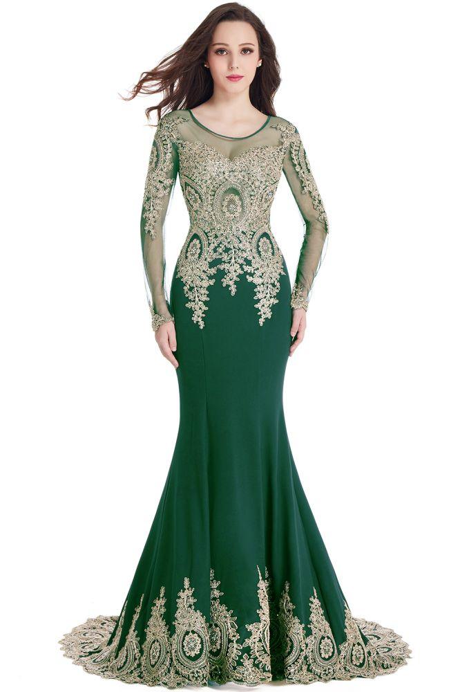 Vestidos de fiesta de sirena con mangas largas y apliques de encaje sexy