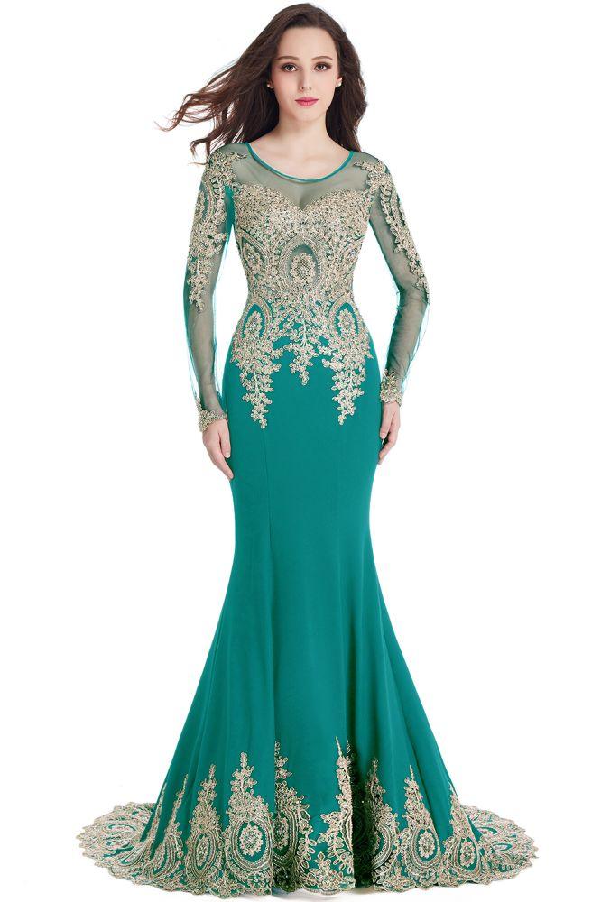 Vestidos de fiesta de sirena con mangas largas y apliques de encaje sexy