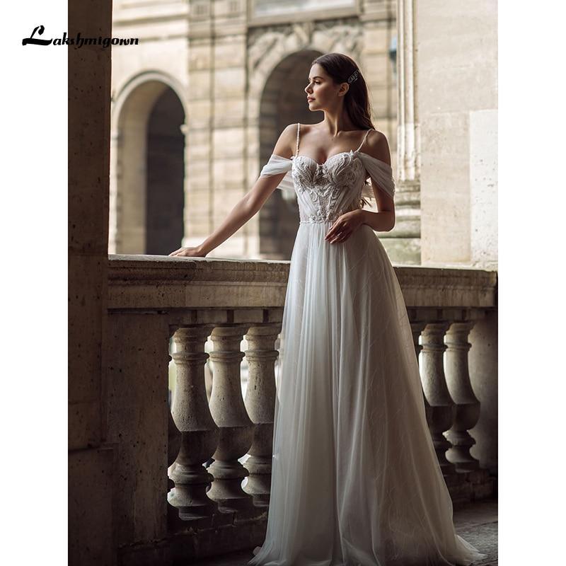 Vestido de novia de playa de tul con encaje sexy NumberSea, estilo bohemio, con hombros descubiertos