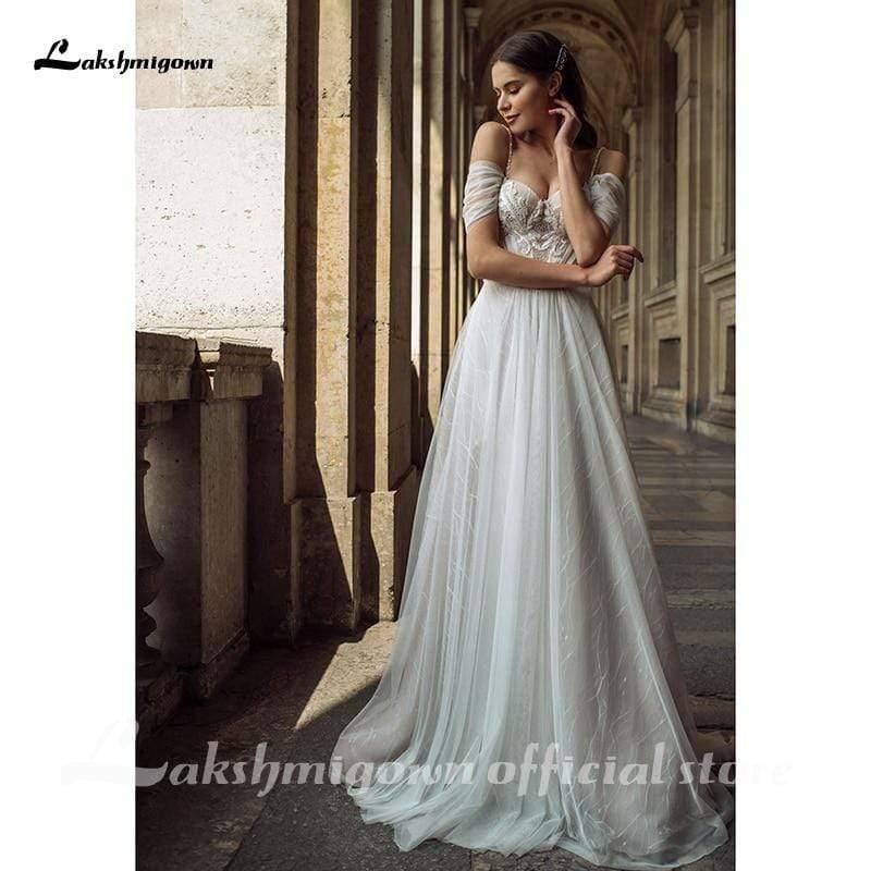 Vestido de novia de playa de tul con encaje sexy NumberSea, estilo bohemio, con hombros descubiertos