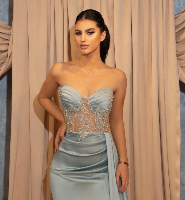 Vestidos de fiesta de sirena sexys, largos, azules, con abertura y brillo, y volantes