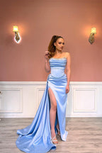 Vestido de fiesta de sirena sexy, largo, azul, sin tirantes, con encaje y pedrería, con abertura