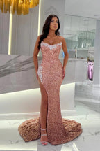 Vestido de fiesta sexy largo rosa empolvado sin tirantes con encaje y lentejuelas con abertura