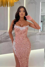 Vestido de fiesta sexy largo rosa empolvado sin tirantes con encaje y lentejuelas con abertura