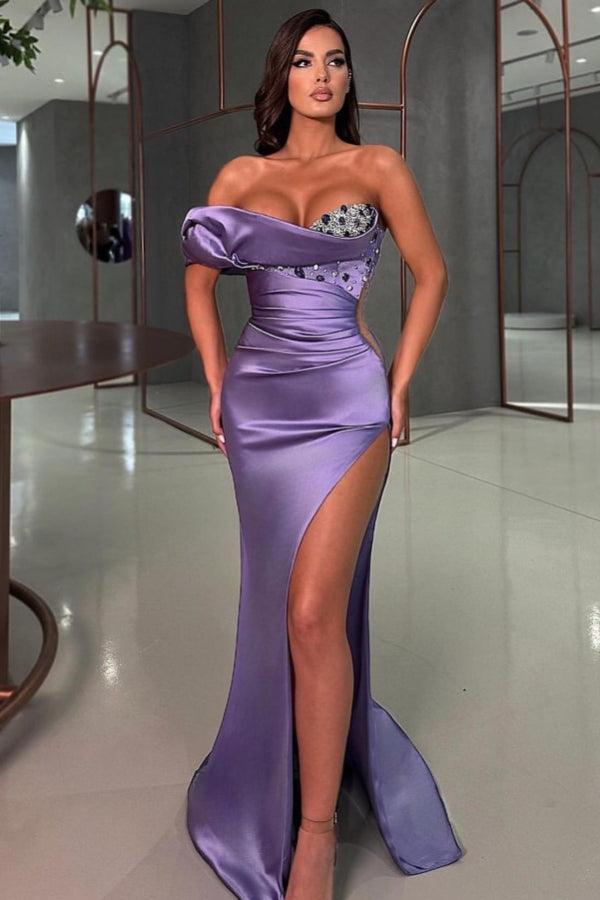 Vestido de fiesta sexy de sirena largo morado con un hombro al descubierto, sin mangas, con pedrería y abertura