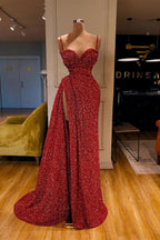 Vestido de fiesta sexy de sirena largo con tirantes finos y lentejuelas con abertura