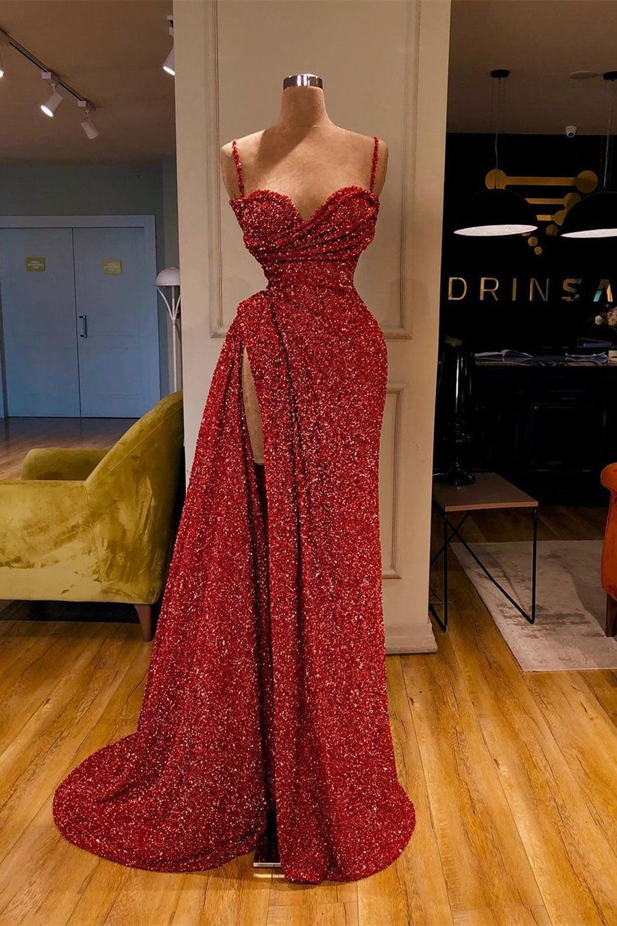 Vestido de fiesta sexy de sirena largo con tirantes finos y lentejuelas con abertura
