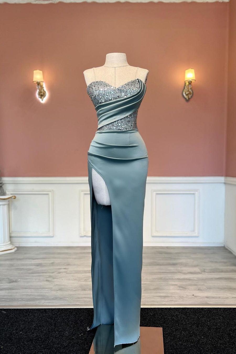 Vestido de fiesta sexy de sirena largo sin tirantes con lentejuelas y cuentas con abertura