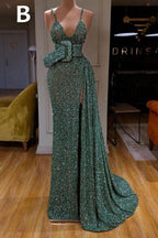 Vestido de fiesta largo y sexy con lentejuelas verde menta y corte sirena