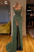 Vestido de fiesta largo y sexy con lentejuelas verde menta y corte sirena