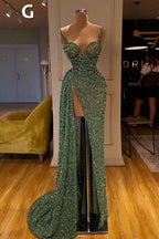 Vestido de fiesta largo y sexy con lentejuelas verde menta y corte sirena