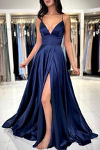 Vestidos de fiesta sexys, largos y sencillos, con tirantes finos en azul marino y abertura