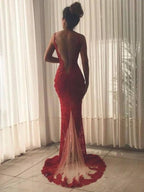 Vestidos de fiesta largos sexis de sirena con encaje y espalda abierta, escote en V y abertura lateral