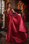 Vestido de fiesta sexy de sirena con mangas largas y volantes en color burdeos