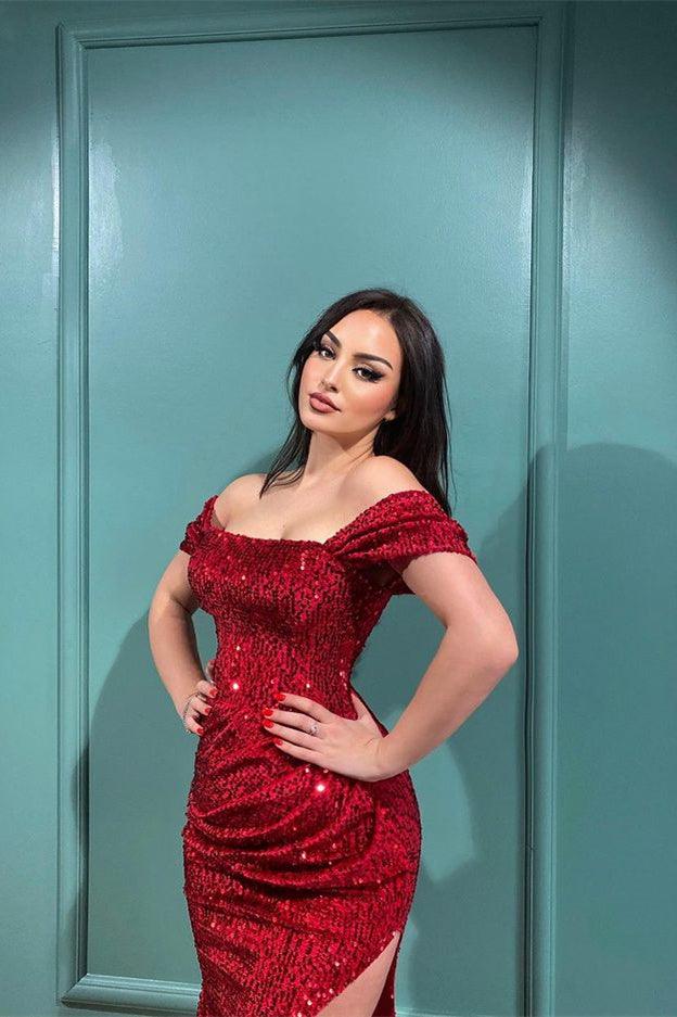 Vestidos de fiesta sexys con hombros descubiertos, abertura frontal y mangas largas