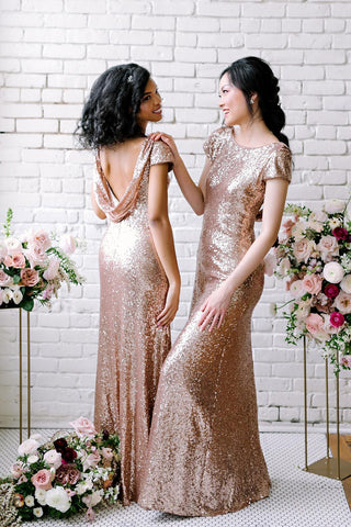 Sexy Sequined Bridesmaid Dresses Rose Gold Long Wedding Guest Dresses